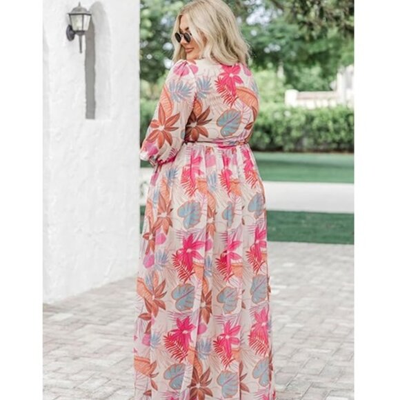 NEW - Multicolor Tropical Palm Print Tie High Waist Maxi Dress - Size 3X - Picture 3 of 9